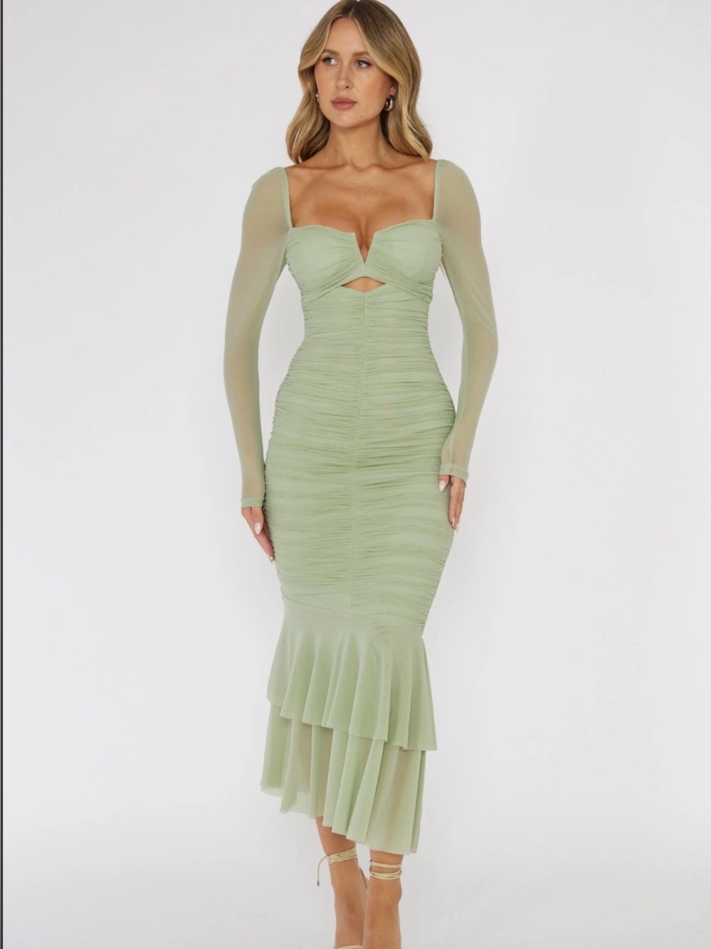 Selfie Leslie Sage Green Ruched Long Sleeve Midi Dress